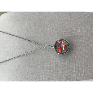 Silver Tone Necklace with Red Poppy Pendant Glass Globe
